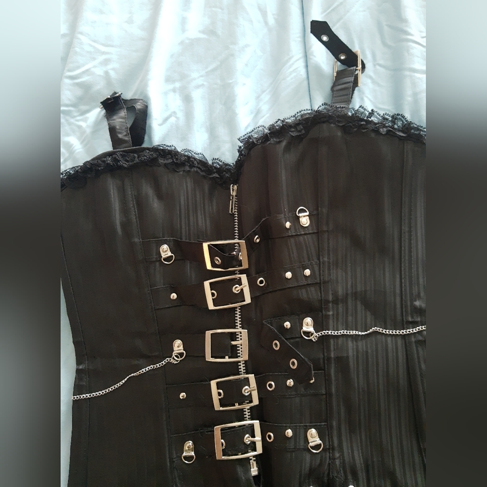 Pinstripe Overbust Corset Steampunk Warrior Princess Punk Goth Ren Fest - Picture 2 of 3